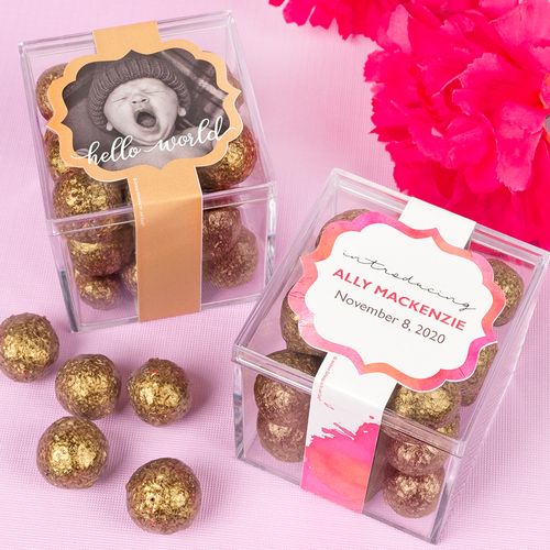 Personalized Girl Birth Announcement JUST CANDY® favor cube with Premium Sparkling Prosecco Cordials - Dark Chocolate