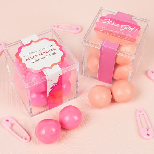 Personalized Girl Birth Announcement JUST CANDY® favor cube with Premium Malted Milk Balls