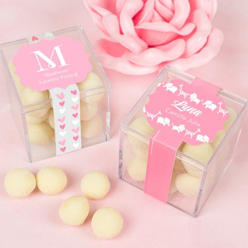 Personalized Girl Birth Announcement JUST CANDY® favor cube with Premium Sugar Cookie Bites