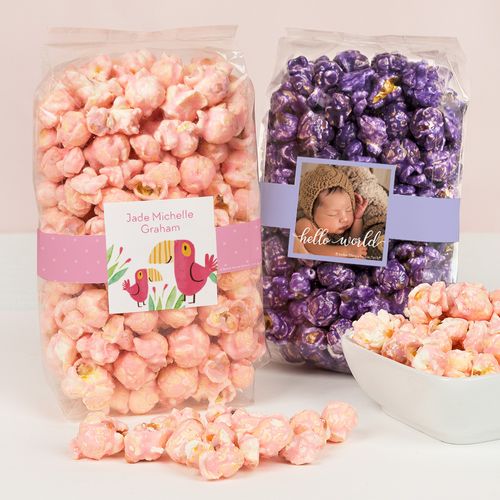 Personalized Baby Girl Birth Announcement Candy Coated Popcorn 8 oz Bags