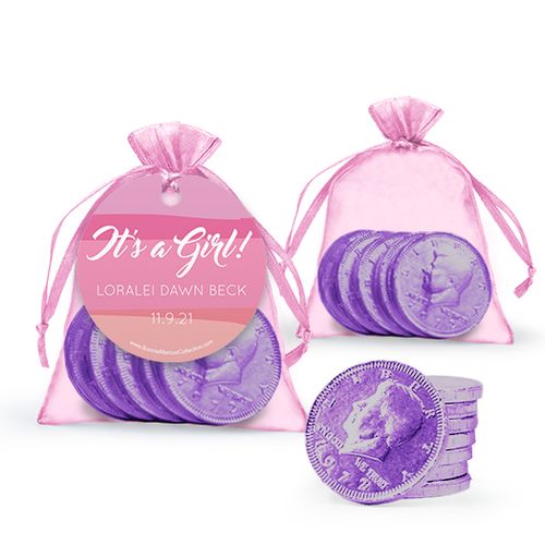 Personalized Girl Birth Announcement Favor Assembled Gift tag, Organza Bag Filled with Milk Chocolate Coins