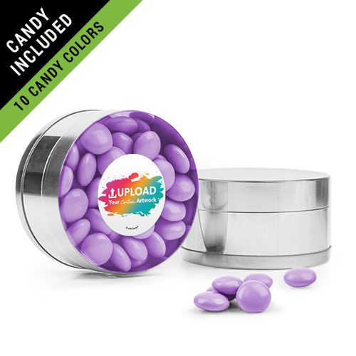 Personalized Business Add Your Logo Favor Assembled Small Round Plastic Tin Filled with Just Candy Milk Chocolate Minis