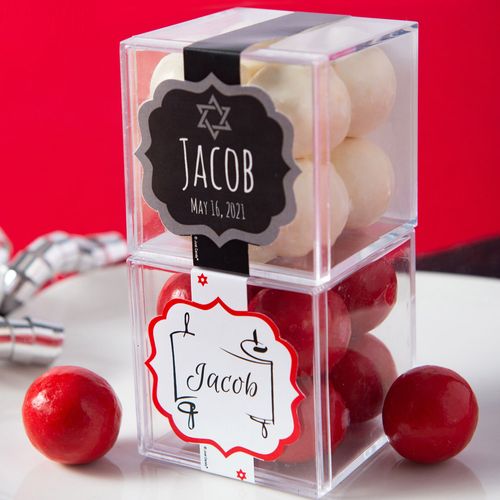 Personalized Bar Mitzvah JUST CANDY® favor cube with Premium Malted Milk Balls