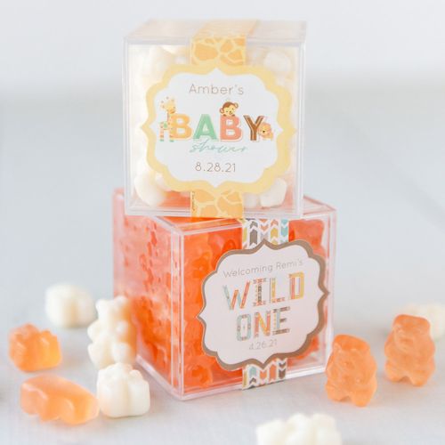 Personalized Baby Shower JUST CANDY® favor cube with Gummy Bears