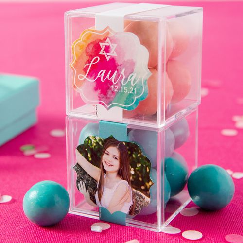 Personalized Bat Mitzvah JUST CANDY® favor cube with Premium Malted Milk Balls