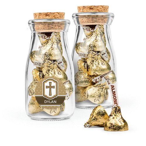 Personalized Boy Confirmation Favor Assembled Glass Bottle with Cork Top Filled with Hershey's Kisses