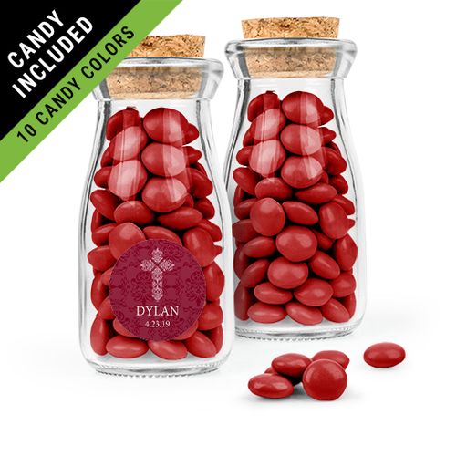 Personalized Boy Confirmation Favor Assembled Glass Bottle with Cork Top Filled with Just Candy Milk Chocolate Minis