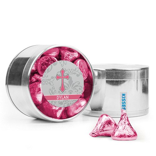 Personalized Girl Confirmation Favor Assembled Medium Round Plastic Tin Filled with Hershey's Kisses