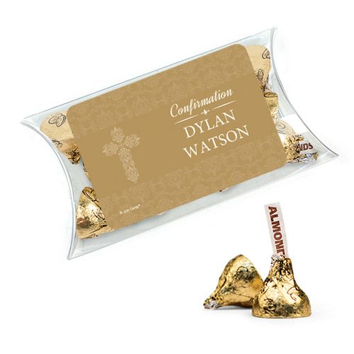 Personalized Girl Confirmation Favor Assembled Pillow Box Filled with Hershey's Kisses