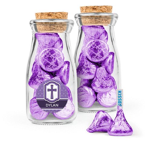 Personalized Girl Confirmation Favor Assembled Glass Bottle with Cork Top Filled with Hershey's Kisses