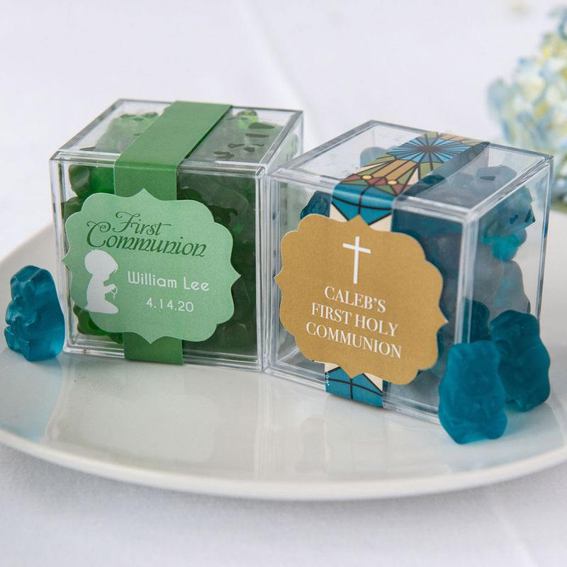 Personalized Boy First Communion JUST CANDY favor cube with Gummy Bears Whcandy