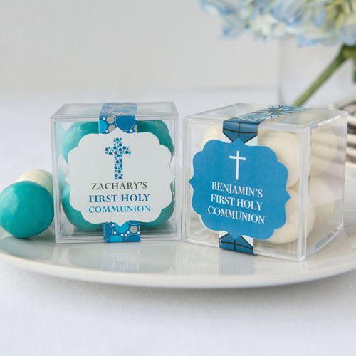 Personalized Boy First Communion JUST CANDY® favor cube with Premium Malted Milk Balls