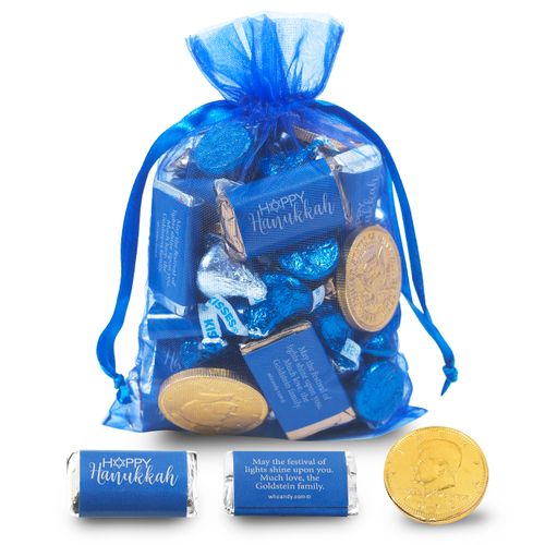 Personalized Cobalt Blue Medium Organza Bag Happy Hanukkah Mix