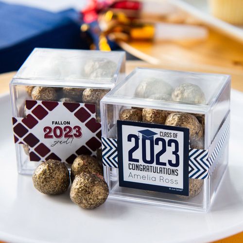 Personalized Graduation JUST CANDY® favor cube with Premium Sparkling Prosecco Cordials - Dark Chocolate