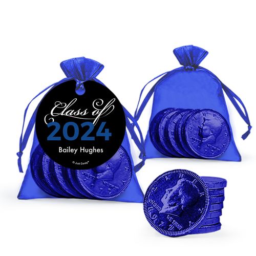 Personalized Blue Graduation Favor Assembled Gift tag, Organza Bag Filled with Milk Chocolate Coins