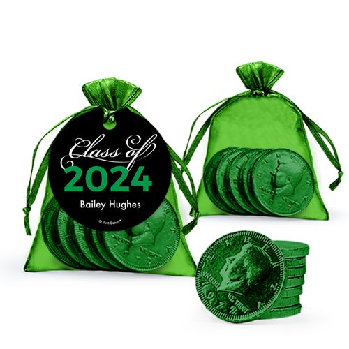 Personalized Green Graduation Favor Assembled Gift tag, Organza Bag Filled with Milk Chocolate Coins