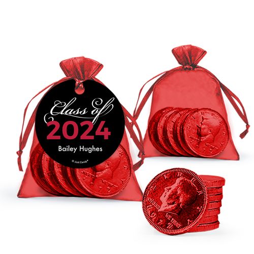 Personalized Red Graduation Favor Assembled Gift tag, Organza Bag Filled with Milk Chocolate Coins