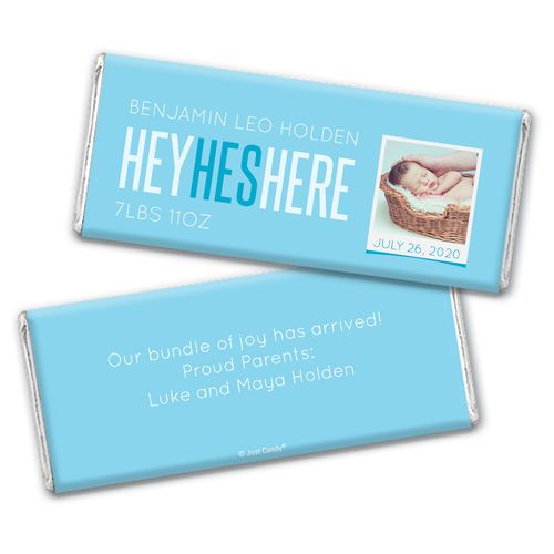 Personalized He's Here! Baby Boy Birth Announcement Hershey's Chocolate Bar & Wrapper