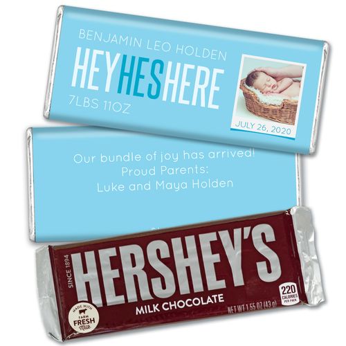 Personalized He's Here! Baby Boy Birth Announcement Hershey's Hershey's Milk Chocolate Bar & Wrapper