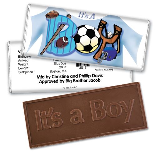 Baby Boy Announcement Personalized Embossed Chocolate Bar Sports "It's a Boy"