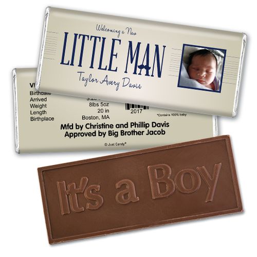 Baby Boy Announcement Personalized Embossed Chocolate Bar Little Man Mustache Photo