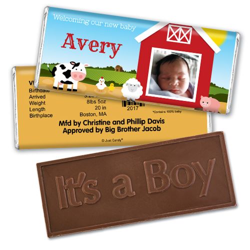Baby Boy Announcement Personalized Embossed Chocolate Bar Barnyard with Photo