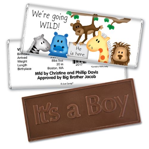 Baby Boy Announcement Personalized Embossed Chocolate Bar Going Wild Jungle Animals