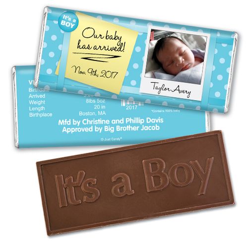 Baby Boy Announcement Personalized Embossed Chocolate Bar It's a Boy! Polaroid Photo