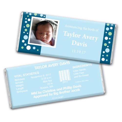 Baby Boy Announcement Personalized Chocolate Bar Dots & a Photo