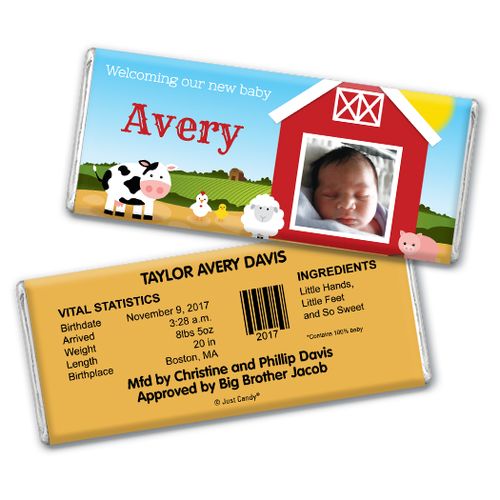 Baby Boy Announcement Personalized Chocolate Bar Barnyard with Photo