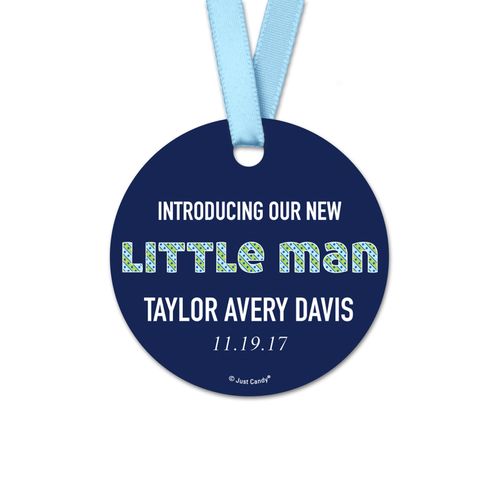 Personalized Baby Boy Little Man Onesie Birth Announcement Round Favor Gift Tags (20 Pack)