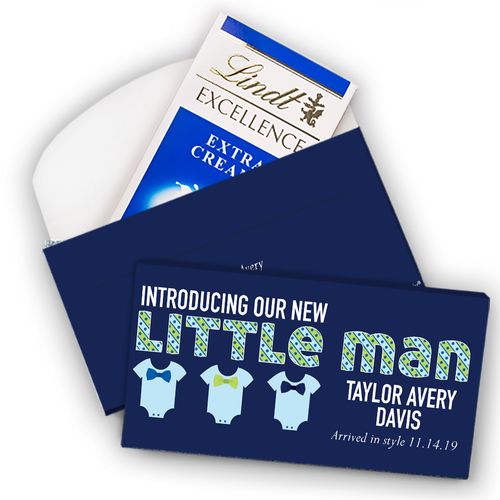 Deluxe Personalized Boy Birth Announcement Little Man Lindt Chocolate Bar in Gift Box (3.5oz)