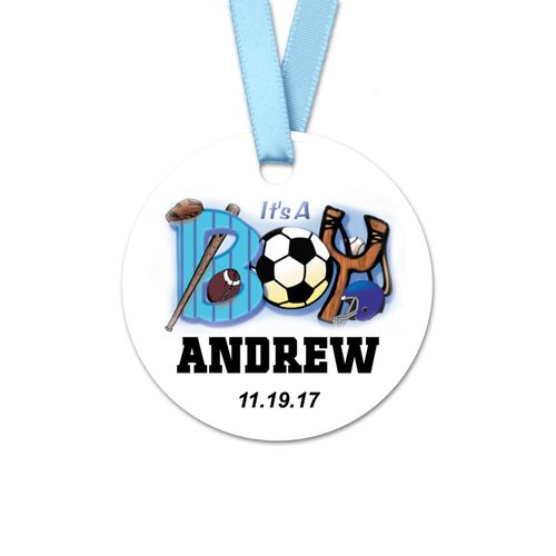 Personalized Baby Boy Sports Birth Announcement Round Favor Gift Tags (20 Pack)