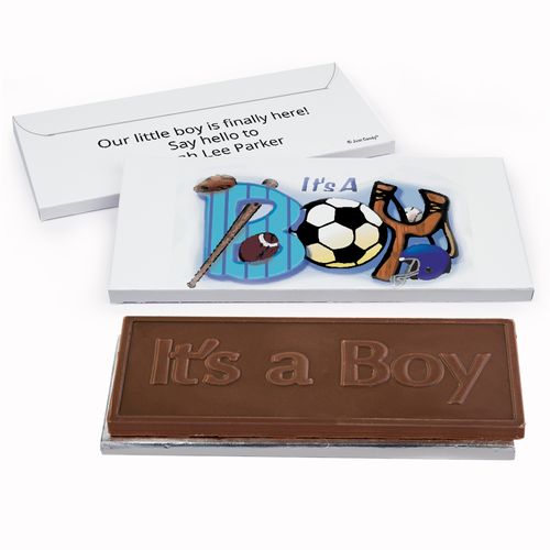 Deluxe Personalized Birth Announcement It's a Boy Sports Chocolate Bar in Gift Box