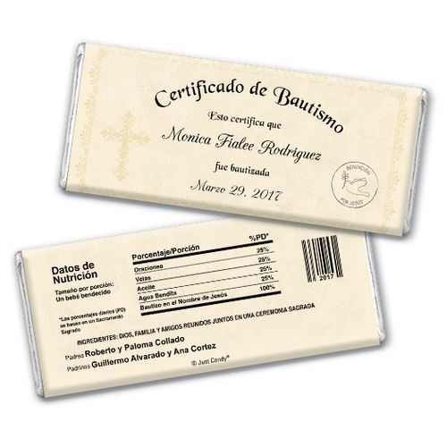 Baptism Personalized Chocolate Bar Certificado de Bautismo