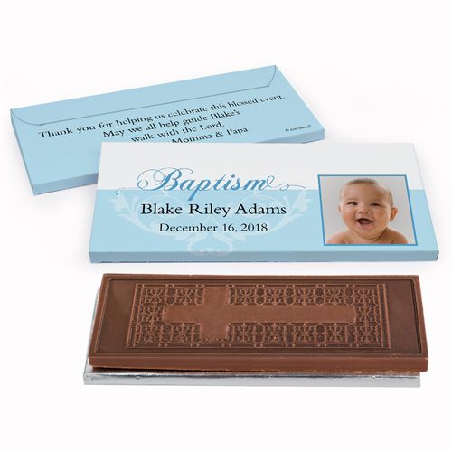 Deluxe Personalized Photo & Scroll Baptism Embossed Chocolate Bar in Gift Box