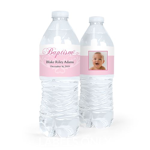 Personalized Girl Baptism Photo and Scroll Water Bottle Labels (5 Labels)
