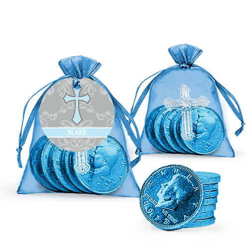 Personalized Framed Cross Baptism Milk Chocolate Coins in Organza Bags with Gift Tag