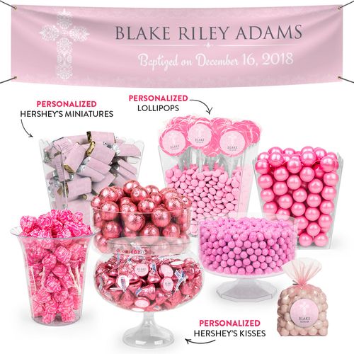Personalized Girl Baptism Elegant Cross Deluxe Candy Buffet