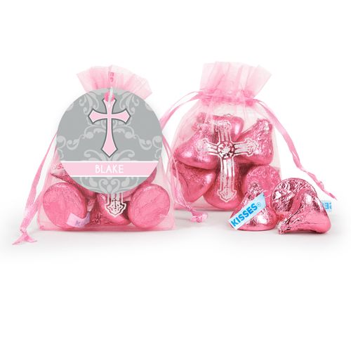 Personalized Framed Cross Baptism Hershey's Kisses in Organza Bags with Gift Tag