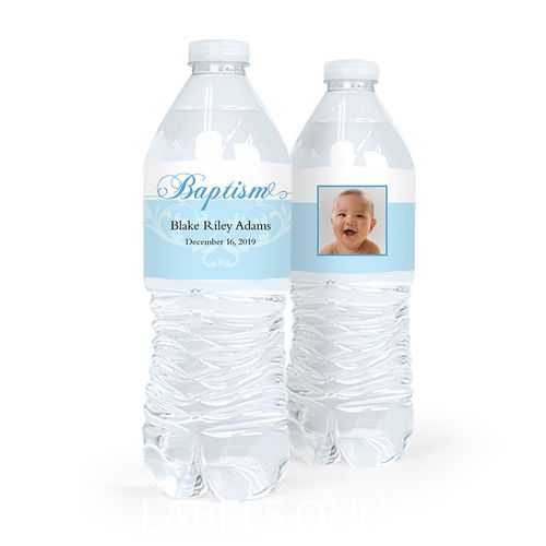 Personalized Boy Baptism Photo and Scroll Water Bottle Labels (5 Labels)