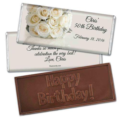 Birthday Personalized Embossed Chocolate Bar Classic White Rose Bouquet