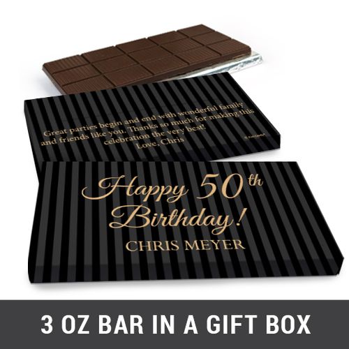 Deluxe Personalized 50th Milestones Stripes Belgian Chocolate Bar in Gift Box (3oz Bar)