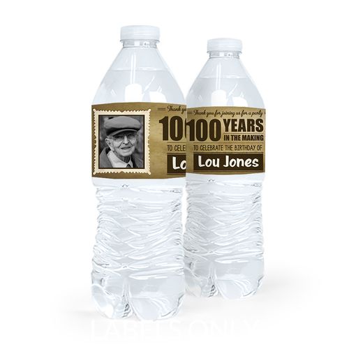 Personalized Milestones Birthday 100th Vintage Photo Water Bottle Sticker Labels (5 Labels)