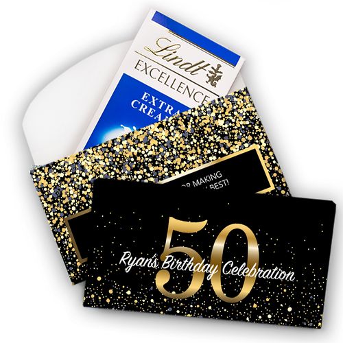 Deluxe Personalized Milestone 50th Elegant Birthday Bash Lindt Chocolate Bar in Gift Box (3.5oz)