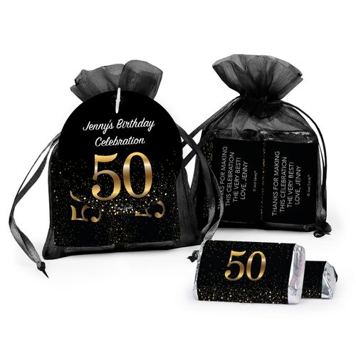 Personalized Elegant 50th Birthday Bash Hershey's Miniatures in Organza Bags with Gift Tag