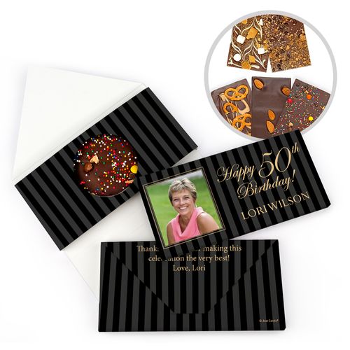 Personalized 50th Photo Pinstripes Milestone Birthday Gourmet Infused Belgian Chocolate Bars (3.5oz)