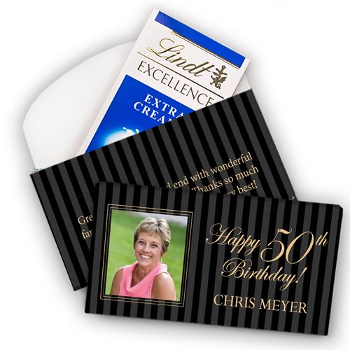 Deluxe Personalized Milestone 50th Birthday Photo Pinstripes Lindt Chocolate Bar in Gift Box (3.5oz)