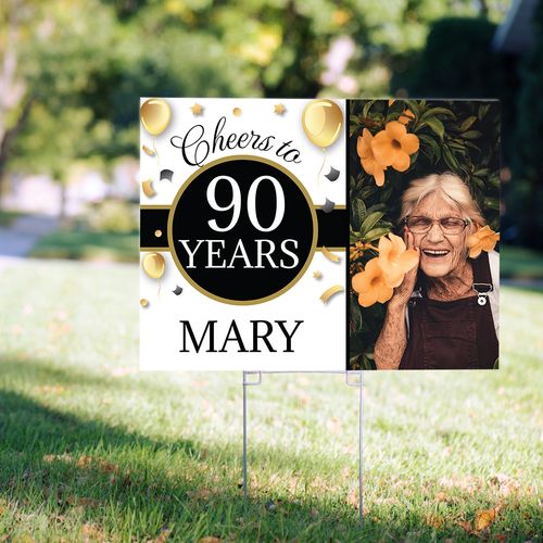 90th Birthday Yard Sign Personalized - Milestone Cheers with Photo