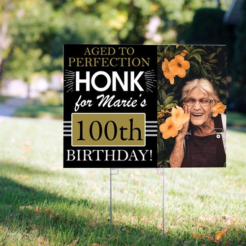 100th Birthday Yard Sign Personalized - Aged to Perfection with Photo